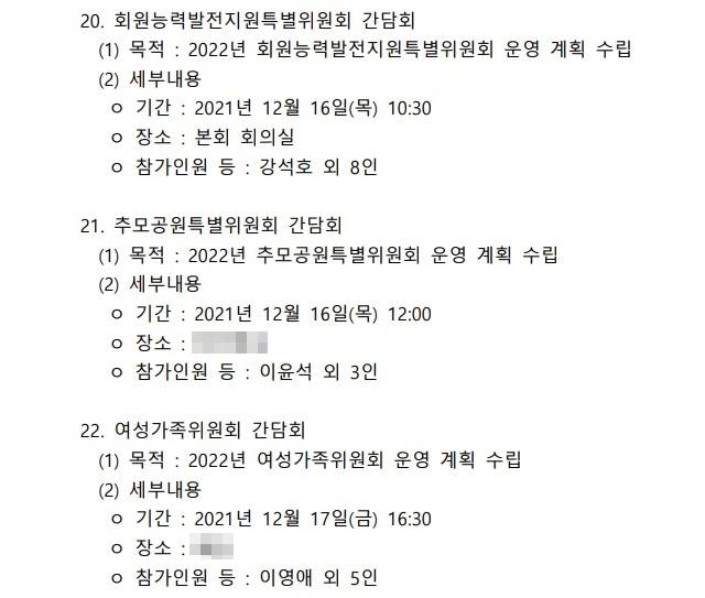 2021년도 헌정회 일부 위원회가 서울 여의도의 한 냉면집과 일식당에서 간담회를 개최했다. /국회사무처 자료 갈무리