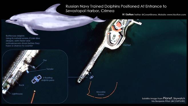 맥사 테크놀로지 위성이 찍은, 러시아 해군기지 세바스토폴 항구 방파제 밖의 돌고래용 우리들. 미 해군연구소(USNI)의 잠수함 전문가는 이 돌고래들이 우크라이나 해군 특수부대원들의 수중 침투를 막기 위해 군사적 훈련을 받은 것으로 분석했다./맥사 테크놀로지∙USNI
