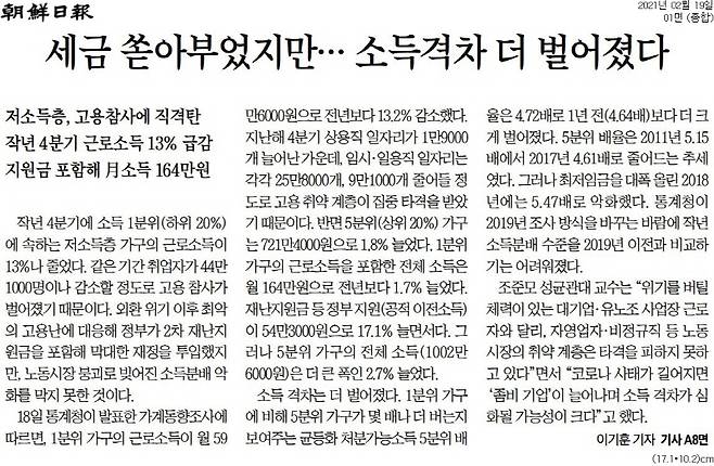 ▲ 2021년 10월21일자 조선일보 1면 기사.
