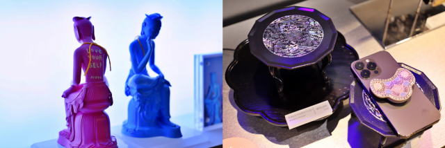 롯데백화점의 국립중앙박물관 기념품 팝업인 ‘나에게 온 보물, 뮷:즈(MU:DS : Museum Goods)’에서 판매중인 반가사유상과 자개소반 휴매폰 무선 충전기/사진 제공=롯데백화점