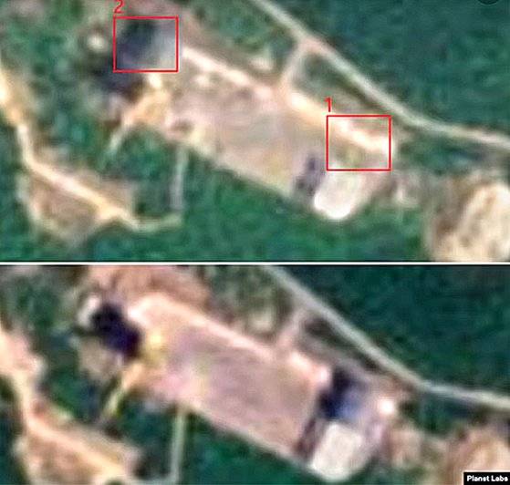 지난 29일 동창리 서해위성발사장 이동식 조립 건물이 기존 지점 ①에서 발사대 바로 옆 지점②으로 옮겨져 있다. [사진 플래닛랩스·VOA]