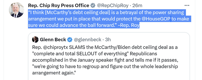 공화당 소속 매카시 하원 의장이 끌어낸 부채 합의안은 일종의 배신이라면서 합의안에 반대하는 의견을 낸 칩 로이 연방 하원 의원(공화당, 텍사스)의 30일 트위터