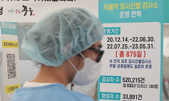 코로나19 엔데믹에 맞춰 임시선별검사소 운영 마지막날인 31일 서울 중구 봉래동 서울역 임시선별검사소에 총 875일간의 운영 연혁표 앞에 검사소 관계자가 서 있다. 뉴스1