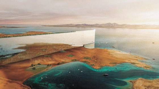 네옴시티 '더라인'. 폭 200m 높이 500m의 유리로 된 초대형 장벽을 170㎞ 길이로 지어 그 안에 다중레이어로 된 커뮤니티를 만든다는 계획이다. 사진 네옴컴퍼니