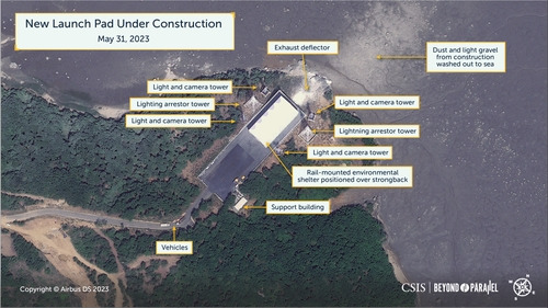 北위성 발사 직후 동창리 인근 해안에 건설중인 새 발사장…"완공단계" (서울=연합뉴스) 북한이 5월31일 발사한 정찰 위성은 동창리 서해위성발사장 인근 해안에 건설중인 신규 발사장이 아닌 기존 발사장에서 쏘아올려진 것으로 보인다고 미국 전략국제문제연구소(CSIS) 산하 북한 전문 사이트 '분단을 넘어'가 분석했다. 사진은 발사 5시간 후에 촬영된 신규 발사장의 위성사진으로 건설작업이 완공 단계에 이른 것으로 보인다고 이 매체는 전했다. 2023.6.1 [CSIS/Beyond Parallel/Airbus DS 제공. 국내에서만 사용 가능. 재배포-재판매 및 DB금지. For Use Only in the Republic of Korea. No Redistribution]