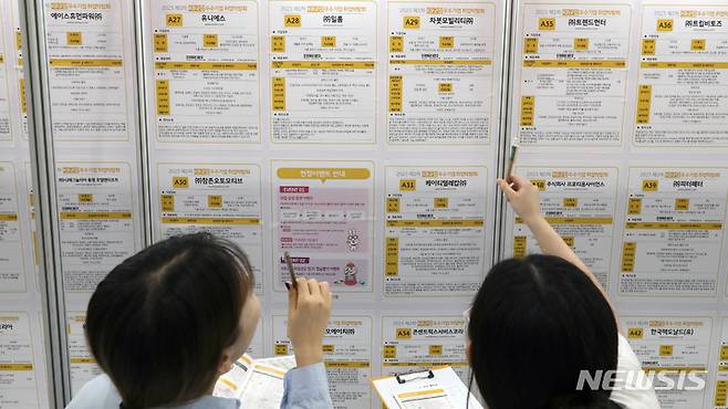 [서울=뉴시스] 김금보 기자 = 지난달 22일 서울 강남구 코엑스에서 열린 '2023 제1차 KB굿잡 우수기업 취업박람회'를 찾은 구직자들이 채용공고게시대를 살펴보고 있다. 2023.05.22. kgb@newsis.com