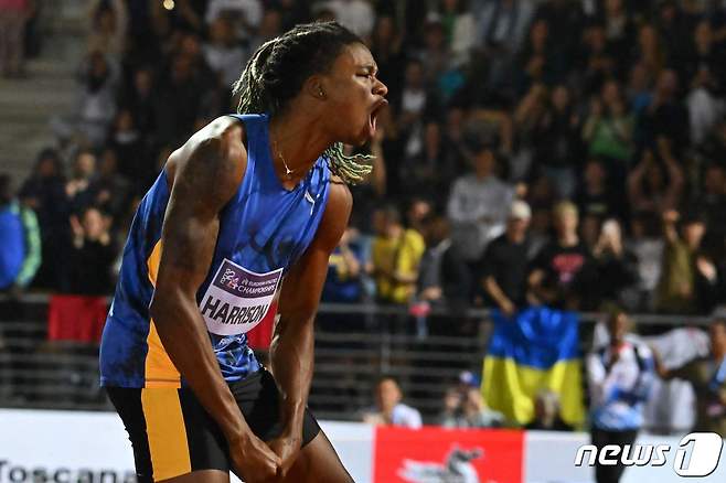 남자 높이뛰기 우승을 차지한 해리슨,  ⓒ AFP=뉴스1