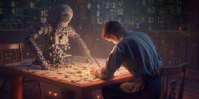 생성형 AI인 미드저니가 ‘AI의 도움을 받아 수학 문제를 푸는 수학자’를 표현한 이미지