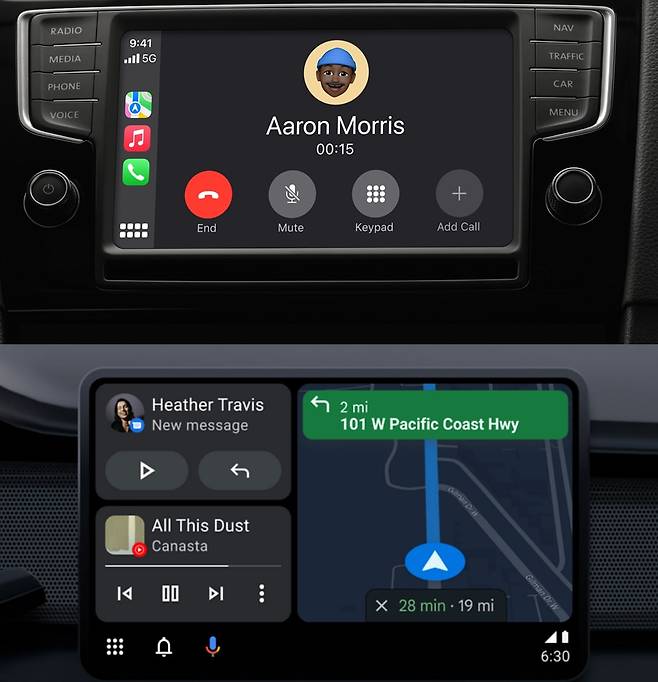 애플 카플레이(위)와 안드로이드 오토(아래)를 구동한 모습. /애플·구글 제공