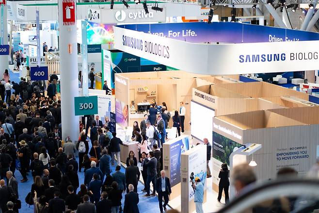 Samsung Biologics' exhibition booth set up for the 2023 Bio International Convention, which kicked off in Boston, Massachusetts, on Monday. (Samsung Biologics)
