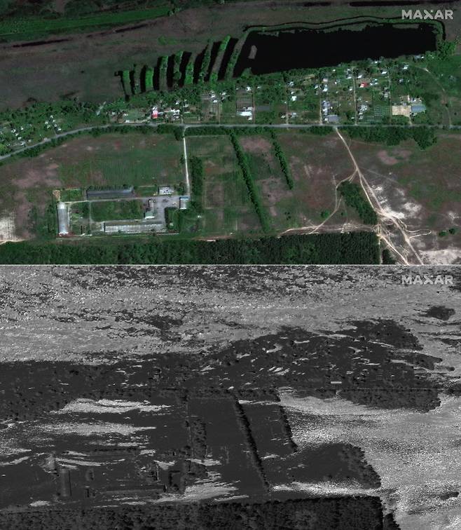 미국 위성업체 막사 테크놀로지스가 카호우카 댐 붕괴 전인 5월 15일(위)과 붕괴 이후인 6월 6일 같은 지역을 촬영한 모습.(사진=AFP)