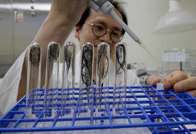지난 5일 오후, 서울 서초동 대검찰청 과학수사부 법화학실에서 서승일 법화학감정관이 모발 감정을 통해 마약 복용 여부를 확인하고 있다. /주완중 기자