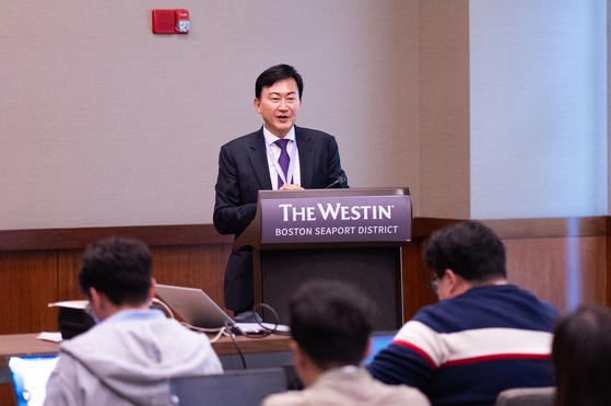 John Rim, Samsung Biologics CEO, speaks during a press conference held in Boston on Monday. [YONHAP]