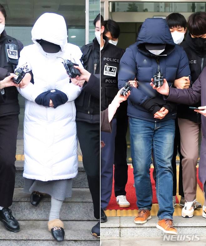 [인천=뉴시스] 김동영 기자 = 16일 오전 인천 논현경찰서과 미추홀경찰서에서 초등학교 5학년 아들을 학대하거나 숨지게 한 혐의를 받는 40대 계모와 30대 친부가 각각 검찰에 송치되고 있다. 2023.02.16. dy0121@newsis.com