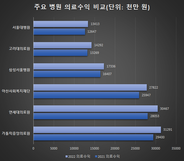 2021~2022년 주요 병원의 의료수익 비교 [자료=각 의료기관 2022년 결산 보고서, 그래픽=최지현 기자]