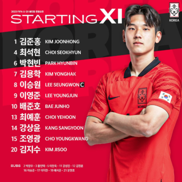 9일 이탈리아와의 2023 FIFA U-20 월드컵 4강전 선발 명단. 사진=대한축구협회
