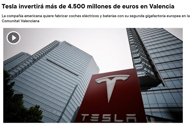테슬라의 스페인 공장 건설 투자 협상 소식을 전한 스페인 레반테-EMV  신문 8일 보도/출처= 레반테-EMV