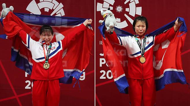 나란히 금메달 따낸 북한 역도 자매 림정심(왼쪽)과 림은심
