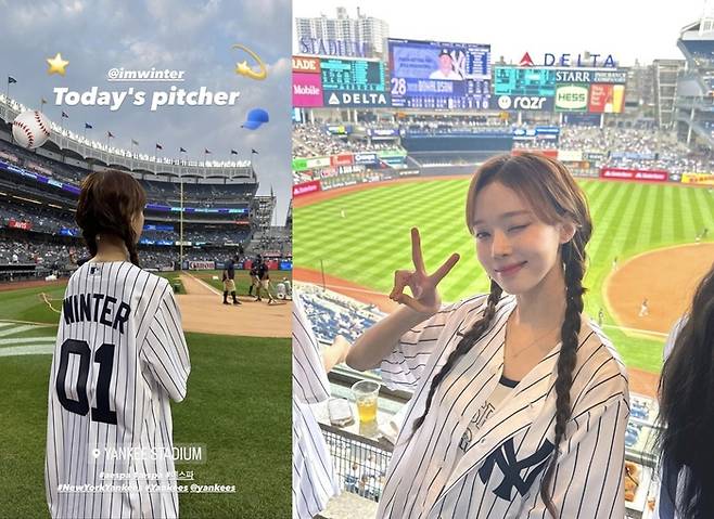 에스파 윈터가 양키스 스타디움에 시구자로 나서는 모습과 즐기는 모습. 에스파 공식 SNS 및 윈터 개인 SNS 제공