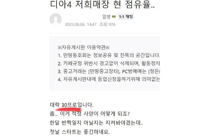 정식 출시 첫날(6일) 한 PC방 내 디아블로 4의 점유율이 30％까지 올라갔다는 내용의 게시물. [네이버카페 ‘PC방 손님만땅 동호회’ 캡처]