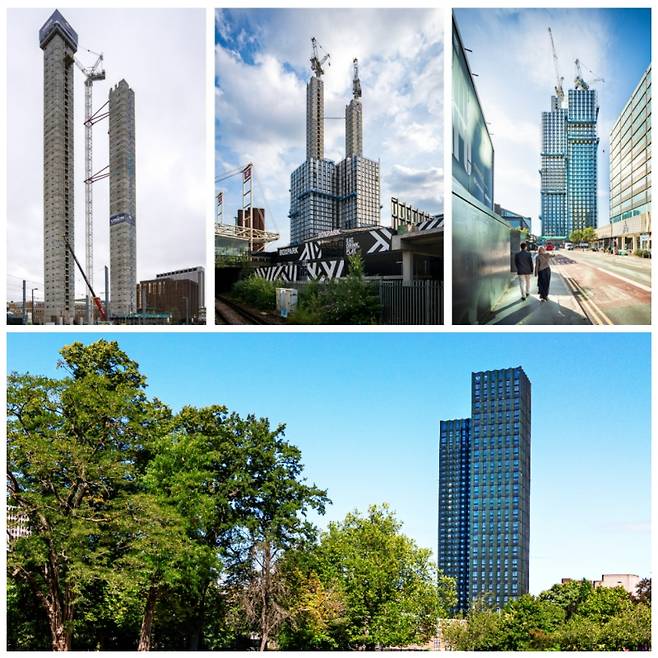 현존하는 세계 최고층 모듈러 건축물인 영국 런던의‘텐 디그리스’(Ten degrees) 주택 건설 과정과 완공후 모습. 출처: HTA Design