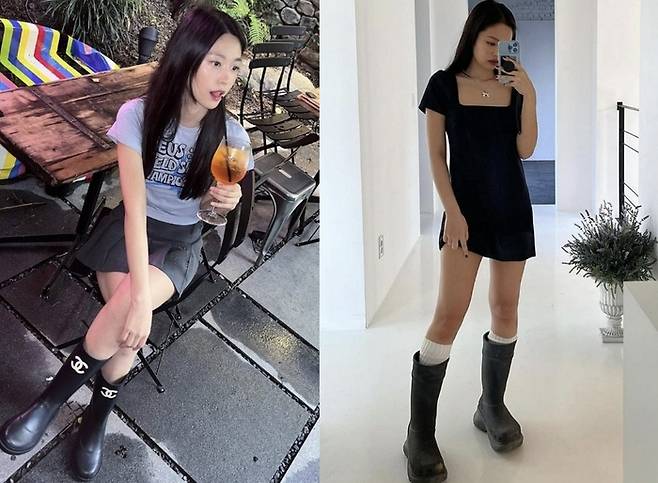 샤넬 레인부츠를 신은 설현(왼쪽)과 보테가베네타 레인부츠를 신은 제니. [사진 출처 = 각 인스타그램]
