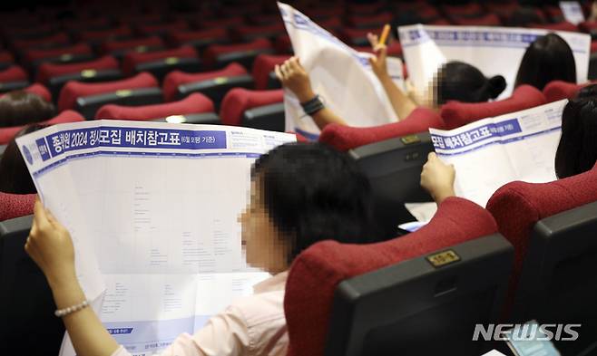 [서울=뉴시스] 최진석 기자 = 지난 4일 서울 종로구 성균관대학교에서 종로학원 주최로 진행된 6월 평가원 모의고사 가채점 토대 2024 주요대학 및 의학계열 수시·정시전략 설명회에서 수험생과 학부모들이 배치참고표를 살펴보고 있다. 2023.06.15. myjs@newsis.com