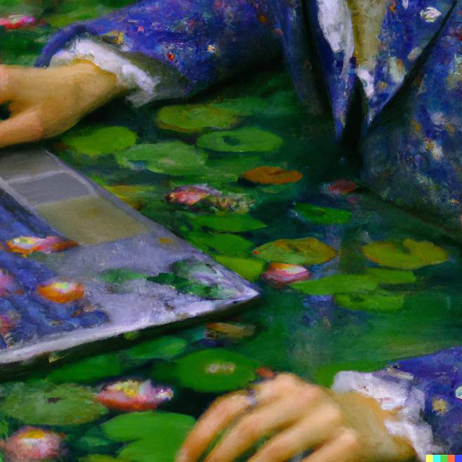 이미지 생성 AI ‘달리(DALL·E)’에 ‘노트북 타자를 치고 있는 여자를 클로드 모네 스타일로 그려달라’고 주문한 결과. ⓒ오픈AI 달리