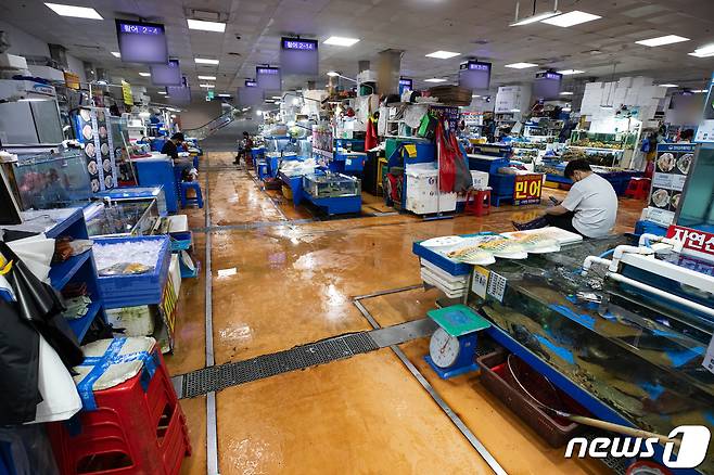 일본의 후쿠시마 원전 오염수 방류를 앞두고 19일 서울 동작구 노량진수산시장이 한산한 모습을 보이고 있다. 해양수산부는 이날 '우리 수산물과 해역에 대한 안전관리 상황' 브리핑을 통해 지난 6월 15일 추가된 생산단계 수산물 방사능 검사결과는 총 41건이었으며, 전부 적합 판정이 나았다고 밝혔다. 한편, 19일 관세청 무역통계에 따르면 지난 5월 우리나라의 일본 어패류 수입량은 2129톤으로 지난해 동월 대비 30.6% 감소했다. 2023.6.19/뉴스1 ⓒ News1 유승관 기자