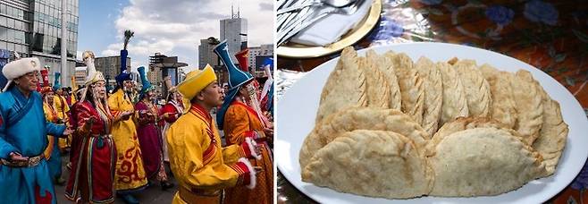 축제 기간 중 전통의상을 입은 사람들의 거리 행진(좌)과 몽골 전통 음식 호쇼르(우) / 사진=플리커