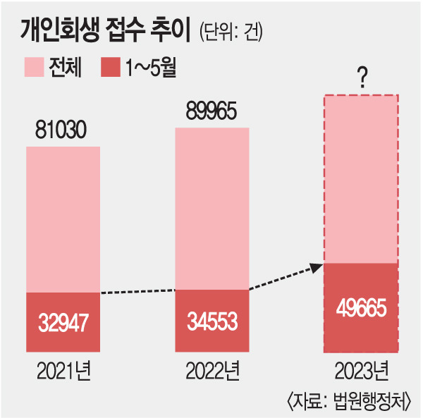 법원통계월보에 따르면 개인회생 접수는 2021년 8만1030건에서 지난해 8만9965건으로 늘었다. 올 들어 지난달까지는 4만9665건이 접수됐는데 예년에 비해 많은 추세다. 대법원은 박영재 법원행정처 차장을 팀장으로 하는 종합대책팀을 구성, 도산사건 증가에의 대응 방안을 모색하고 있다.