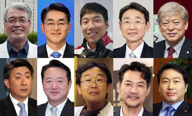 신일고 출신 주요인사.(왼쪽부터) 고영초 건국의대 교수, 박용진 더불어민주당 의원, 김현수 LG트윈스 야구선수, 신동원 농심 회장, 염재호 태재대학교 총장, 이동관 대통령실 대외협력특별보좌관, 이웅열 코오롱그룹 명예회장, 이철수 판화가, 정진영 영화배우, 최태원 SK회장