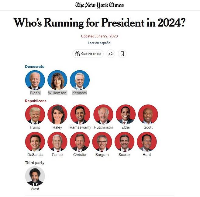 [서울=뉴시스]미국 뉴욕타임스(NYT)가 22일(현지시간) 기준으로 집계한 차기 미국 대선 주요 후보자. (사진=뉴욕타임스 홈페이지 캡쳐). 2023.6.24 *재판매 및 DB금지 *재판매 및 DB 금지