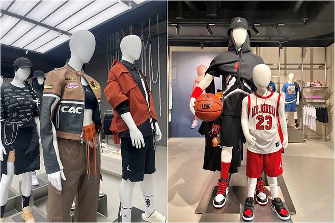 21일 조던 ‘월드 오브 플라이트 서울 홍대’에 진열된 트래비스 스캇(Travis Scott)의 조던 바이커 자켓(왼쪽). 아이와 어른이 함께 입을 수 있는 배스킷볼 코디(오른쪽). 김유진 기자/kacew@