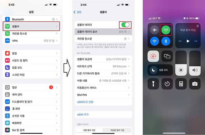 아이폰 설정 앱의 ‘셀룰러 데이터’ 스위치, 혹은 컨트롤 센터의 단축 버튼으로 모바일 데이터 설정 가능 ＜출처=IT동아＞