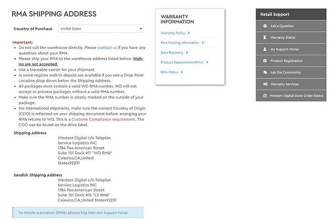 웨스턴디지털의 RMA 신청 페이지, 본인이 직접 해당 주소로 국제 택배를 보낸 뒤 RMA 신청 여부 등을 확인해야 합니다. 출처=웨스턴디지털