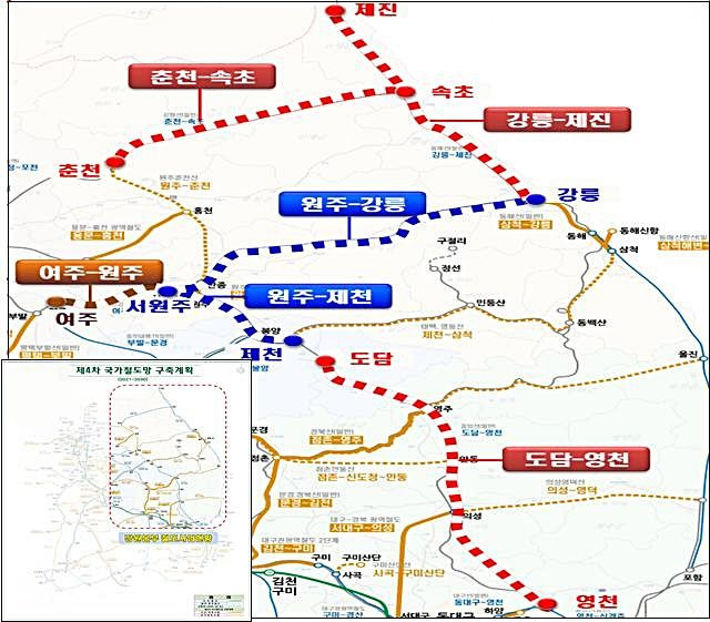 [대전=뉴시스] 강원권 내 철도 건설사업 위치 및 노선도.(사진=국가철도공단 제공) *재판매 및 DB 금지