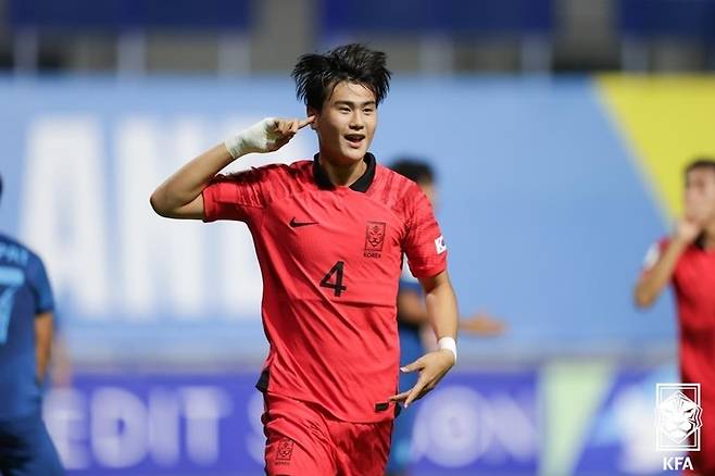 2023 아시아축구연맹(AFC) 17세 이하(U-17) 아시안컵 8강 태국전에서 선제골을 터뜨린 한국 대표팀 강민우. 대한축구협회 제공