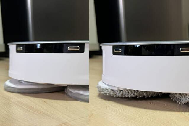 에코백스 '디봇 T20 옴니' 물걸레 오토 리프팅 기능. 9mm까지 물걸레를 위로 들어올린다. 카페트 위를 청소할 때나 작업을 마치고 스테이션으로 돌아갈 때 바닥 재오염을 방지한다. (사진=지디넷코리아)