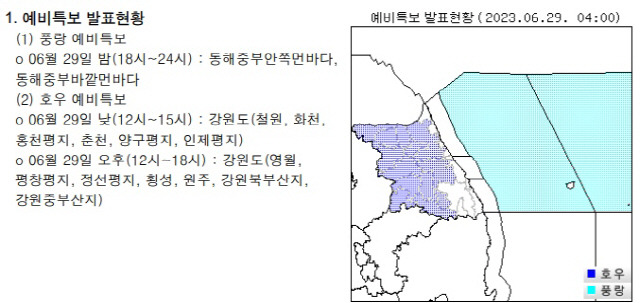 ▲ 29일 오전 4시 발표된 예비특보[강원지방기상청 제공]