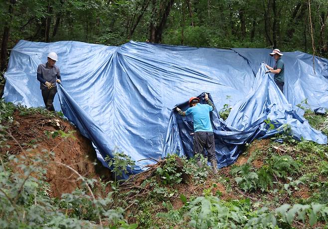 장마전선의 영향으로 폭우가 예정된 29일 오전 광주 북구 일곡동 한 산림 사면부에서 공원녹지과 관계자들이 토사 유출을 막기 위해 덮개를 씌우고 있다. 연합뉴스.