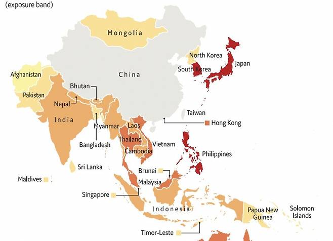 한국, 일본, 필리핀 등 붉은 색 국가가 대만 분쟁시 노출도가 큰 나라들이다. /사진=EIU 백서