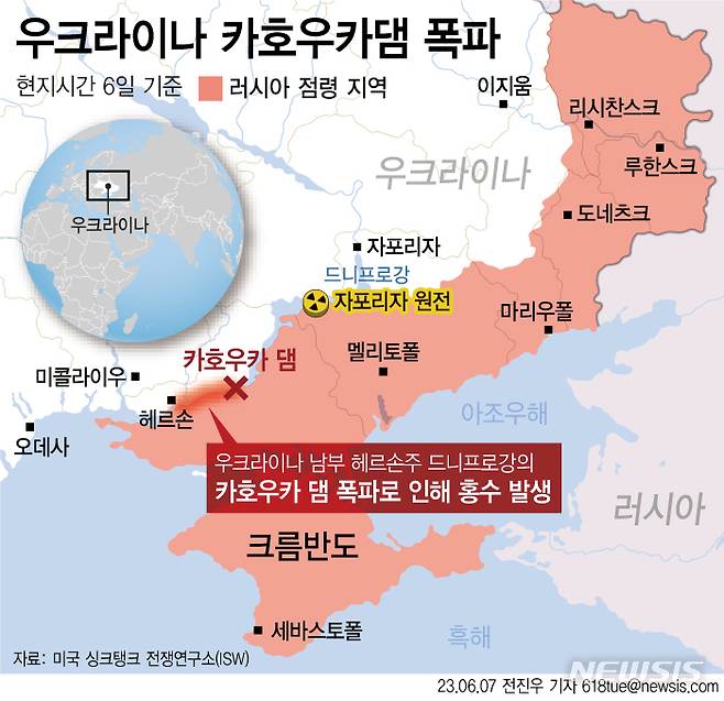 [서울=뉴시스] 지난 6일(현지시간) 러시아가 점령 중인 우크라이나 남부 헤르손주 드니프로강의 카호우카 댐이 폭파돼 인근 지역 전체에 홍수가 발생했다. 우크라이나와 러시아는 댐 파괴 배후로 서로를 지목하고 있다. (그래픽=전진우 기자) 618tue@newsis.com