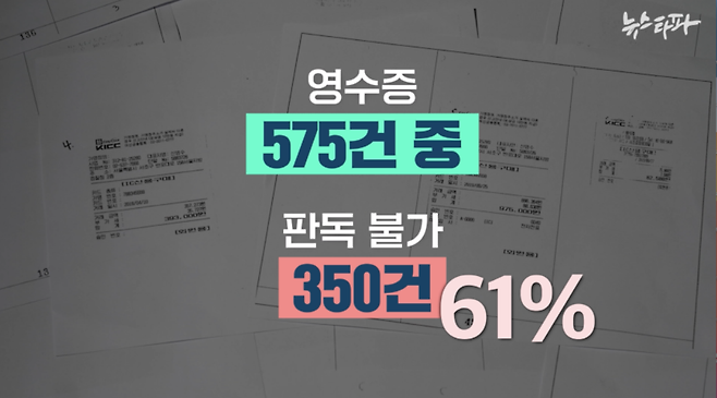 ▲ 대검과 서울중앙지검이 공개한 업무추진비 영수증 575건 중 식별과 판독이 불가능한 영수증은 350건으로 전체 영수증의 61%였다.