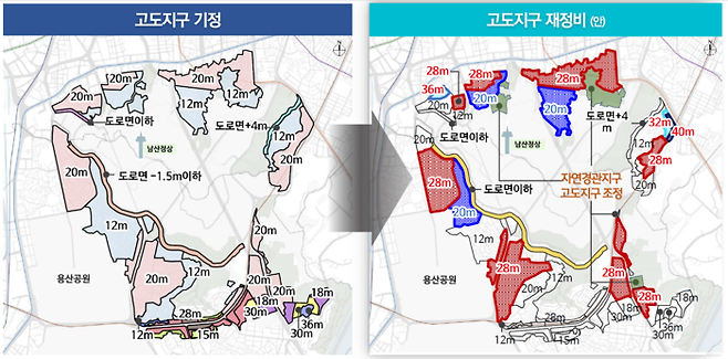 남산 고도지구 현황(왼쪽)과 재정비 안. 서울시 제공