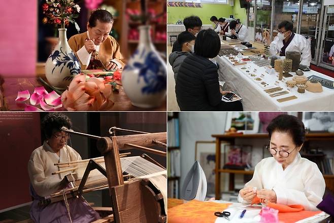 국가무형문화재 보유자들의 기획 공연, 전시도 열린다. 사진은 왼쪽 위부터 시계방향으로 ‘궁중채화’(보유자 황을순) ‘금속활자장’(보유자 임인호) ‘침선장’(보유자 구혜자) ‘한산모시짜기’(보유자 방연옥 )의 시연 장면. 국립무형유산원 제공.