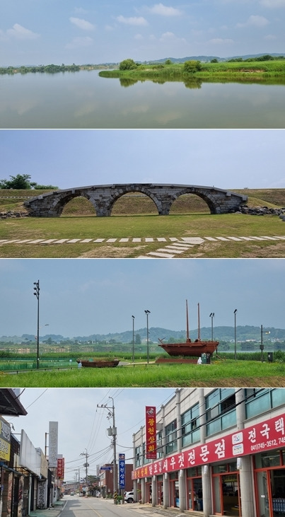 (위로부터)금강과 만나는 논산천, 강경의 새로운 포토존이 되고 있는 미내다리, 강경포구, 강경 젓갈거리