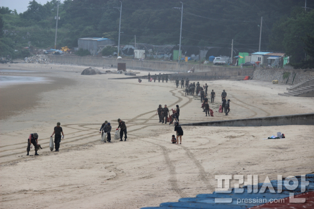 ▲보령시 푸른바다 가꾸기 수중정화 활동 참여자들이 용두해변에 버려진 수초와 쓰레기를 수거하고 있다   ⓒ프레시안(이상원)