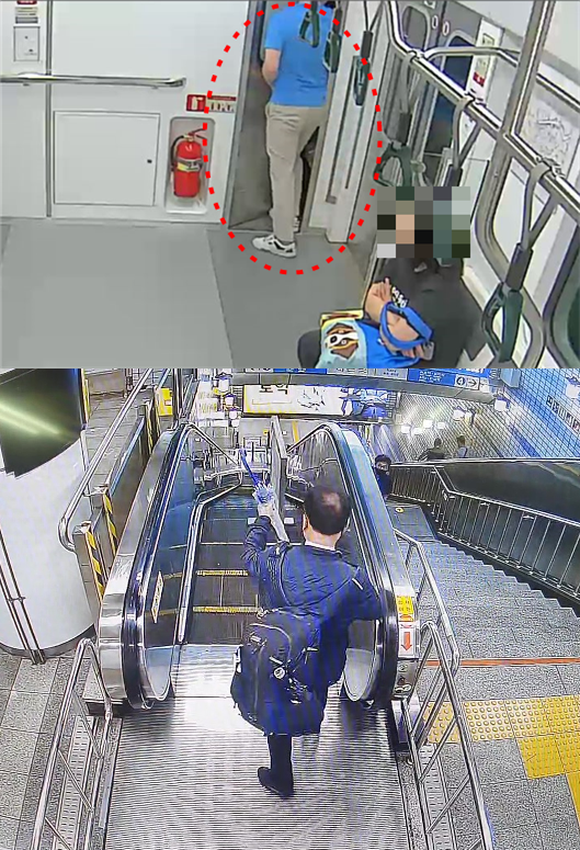지난 6월 서울지하철 2호선 열차 내에서 취객이 운전실에 난입하는 장면(위). 지난해 7월 에스컬레이터 정비에 불만을 품은 승객이 지하철 4호선 환승 통로에서 안전 펜스를 에스컬레이터 아래로 던지는 모습. 서울교통공사 제공