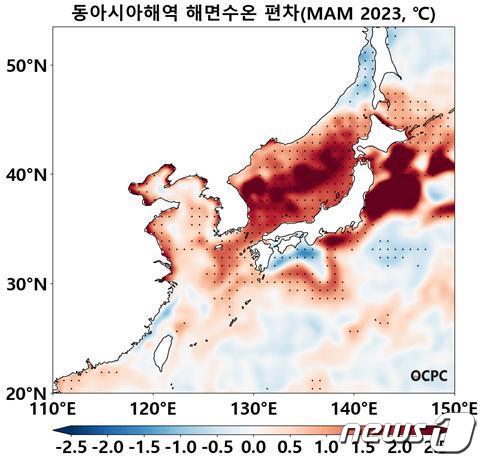 평년(1991~2020) 대비 2023년 한반도 주변 봄철(3월~5월 평균) 해면수온 편차(한국해양과학기술원 제공)